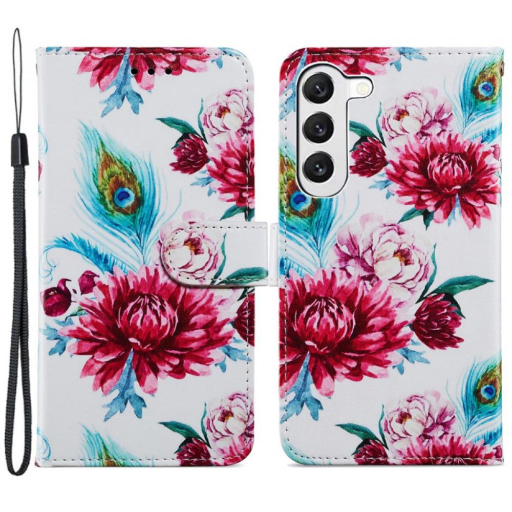 Kožený Kryt Samsung Galaxy S24 5g Barevné Květiny S Popruhem