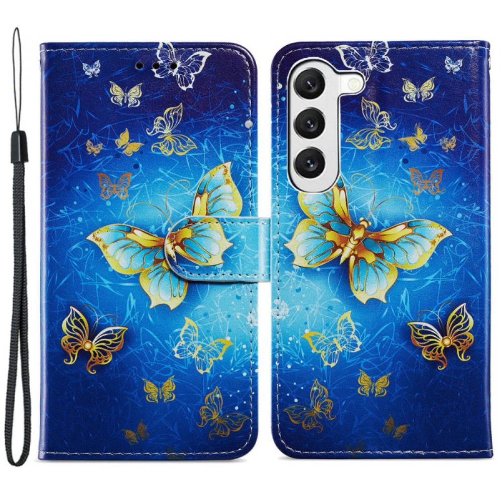 Kožený Kryt Samsung Galaxy S24 5g Krásní Zlatí Motýli S Řemínkem