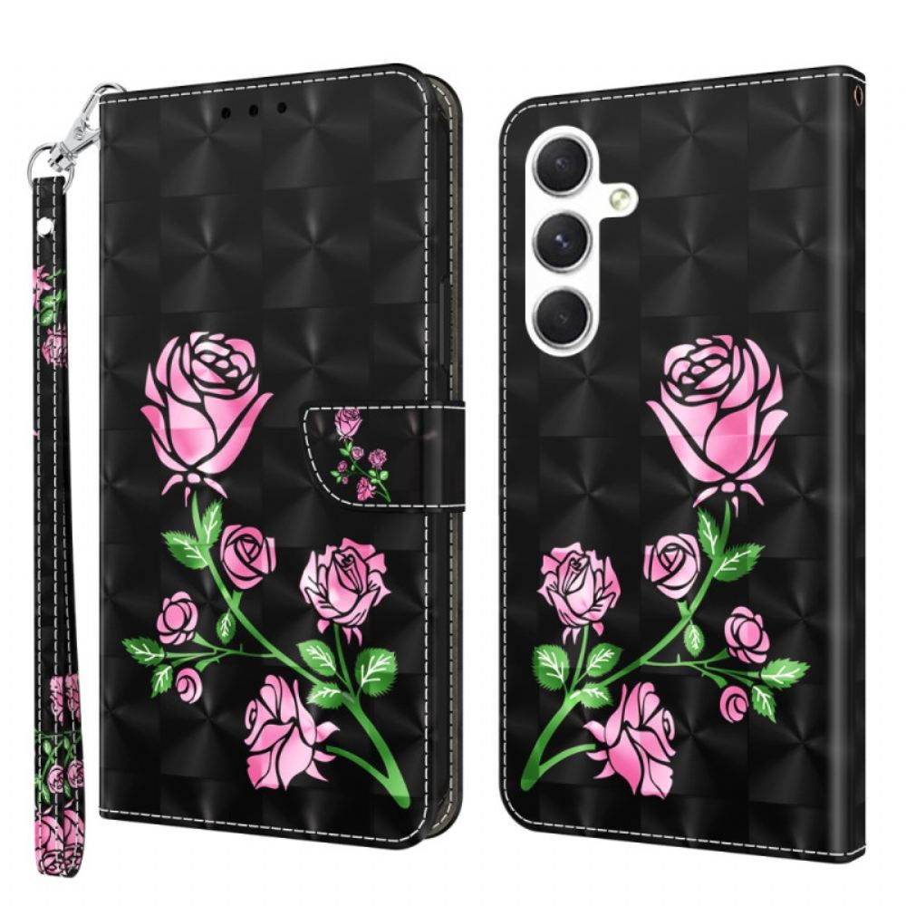 Kožený Kryt Samsung Galaxy S24 5g Květiny Růže S Popruhem