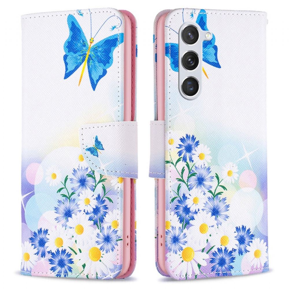 Kožený Kryt Samsung Galaxy S24 5g Modrí Motýli A Květiny