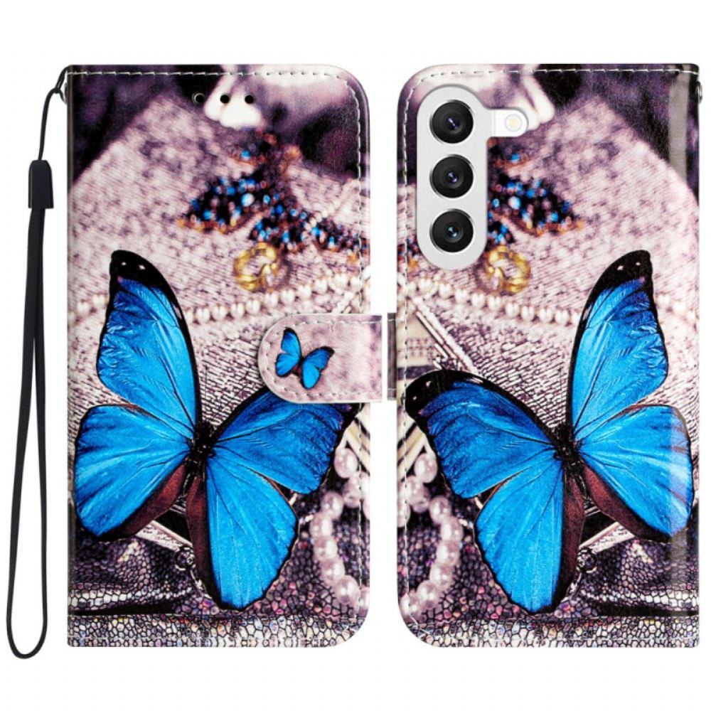 Kožený Kryt Samsung Galaxy S24 5g Modrý Motýl S Řemínkem