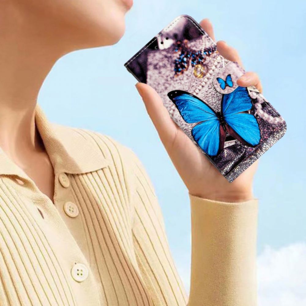 Kožený Kryt Samsung Galaxy S24 5g Modrý Motýl S Řemínkem