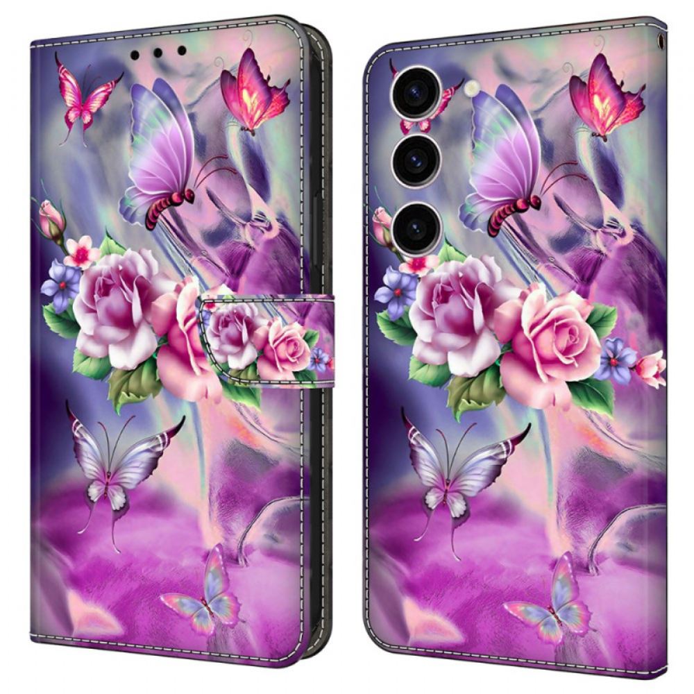 Kožený Kryt Samsung Galaxy S24 5g Motýli A Fialové Květy