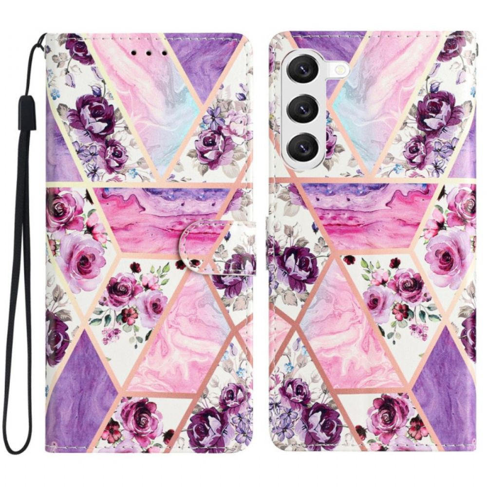 Kožený Kryt Samsung Galaxy S24 5g Mramorové Fialové Květy S Páskem