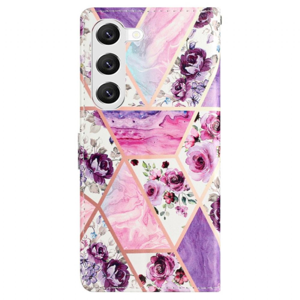 Kožený Kryt Samsung Galaxy S24 5g Mramorové Fialové Květy S Páskem