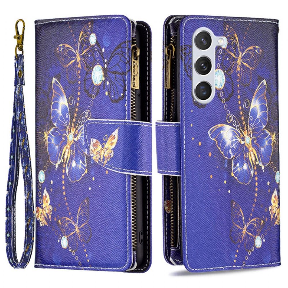 Kožený Kryt Samsung Galaxy S24 5g Peněženka Purple Butterflies S Popruhem