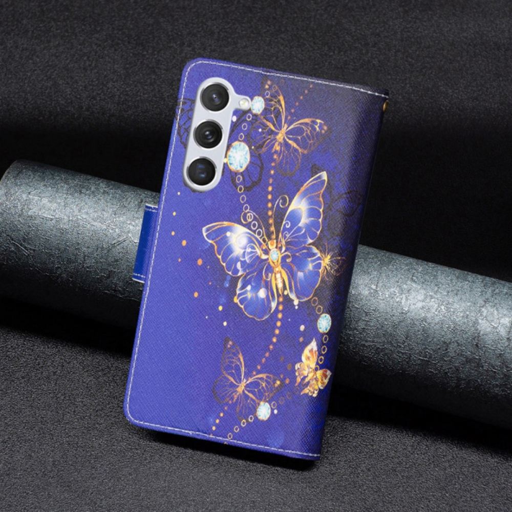 Kožený Kryt Samsung Galaxy S24 5g Peněženka Purple Butterflies S Popruhem