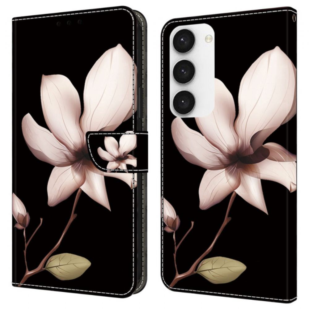 Kožený Kryt Samsung Galaxy S24 5g Růžový Květ Na Černém Pozadí