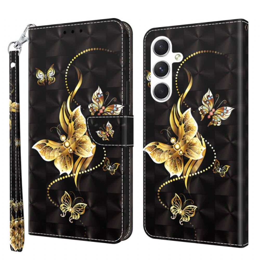 Kožený Kryt Samsung Galaxy S24 5g Zlatí Motýli S Řemínkem