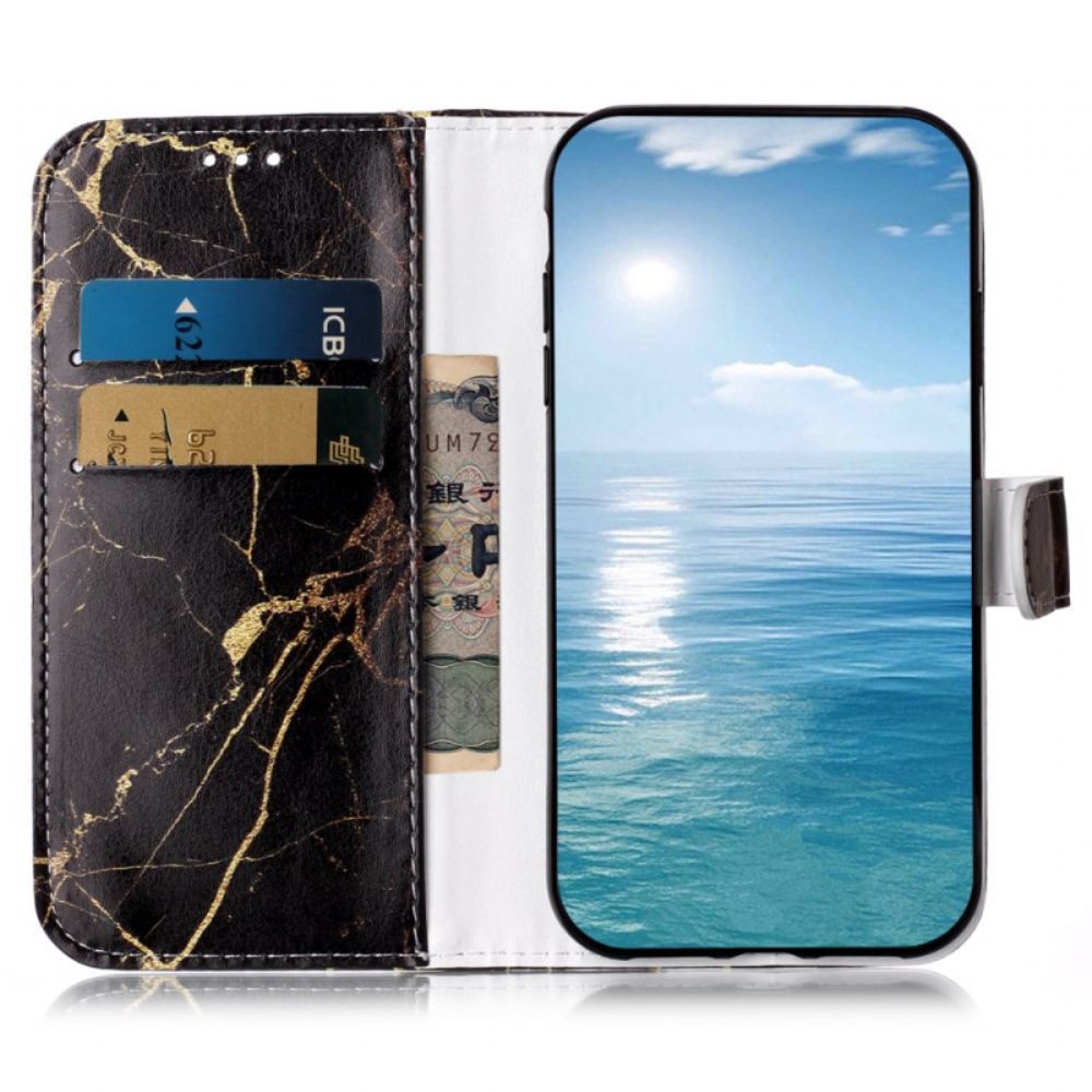 Kožený Kryt Samsung Galaxy S24 5g Černý A Zlatý Mramor S Popruhem