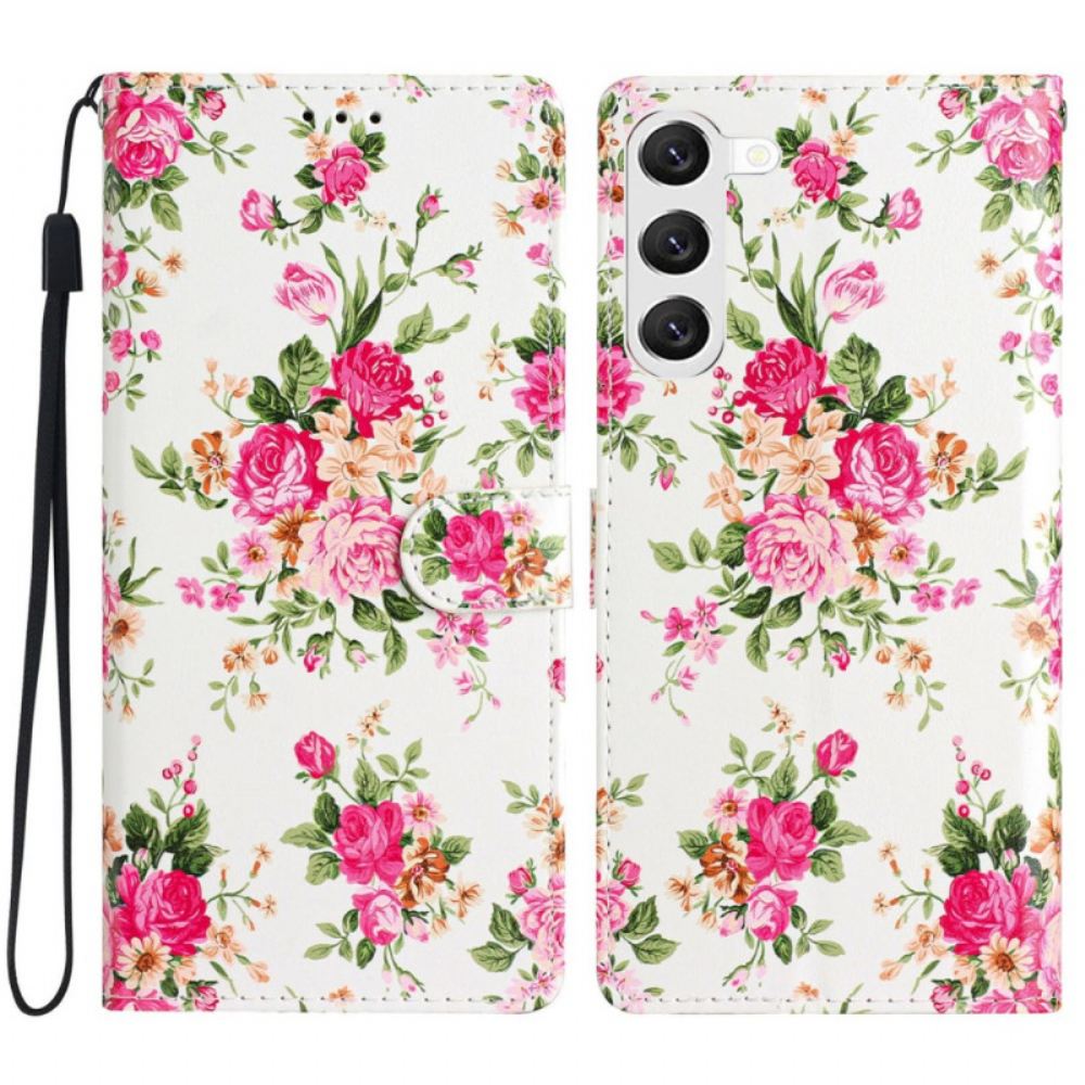 Kožený Kryt Samsung Galaxy S24 5g Červené Květy S Popruhem