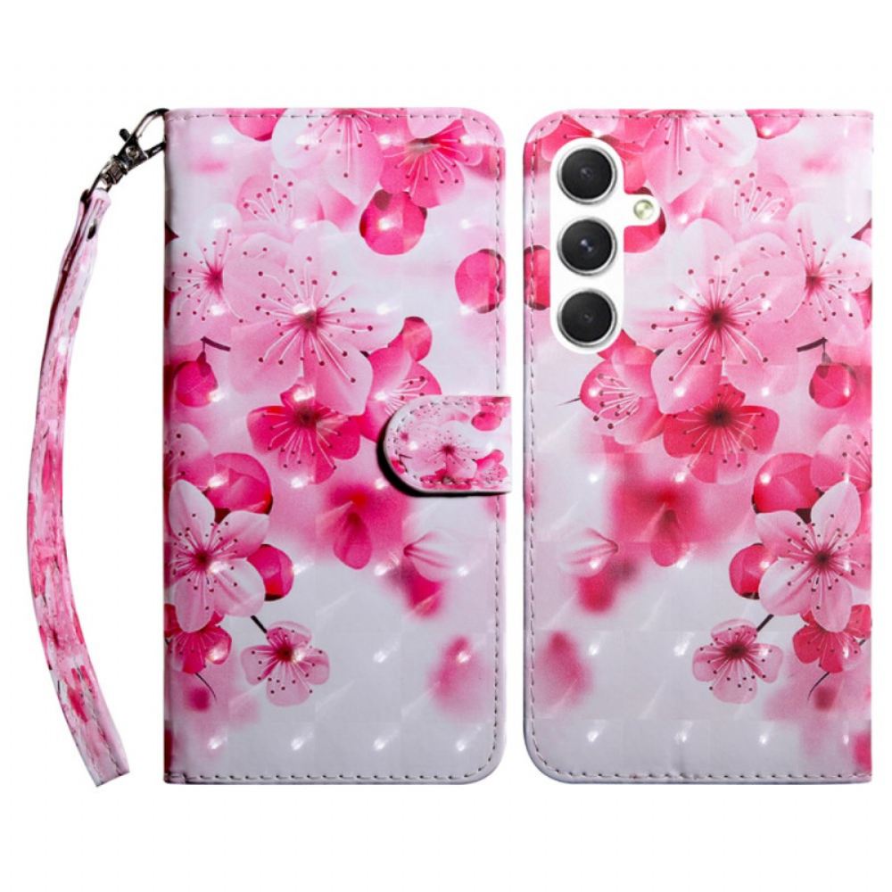 Kožený Kryt Samsung Galaxy S24 5g Červené Květy S Popruhem