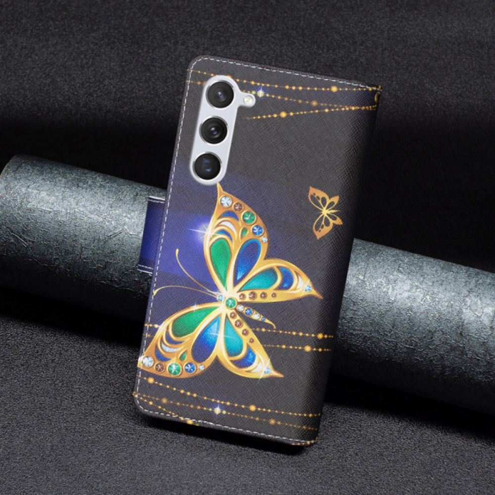 Kožený Kryt Samsung Galaxy S24 5g Štrasová Peněženka S Motýlky S Popruhem