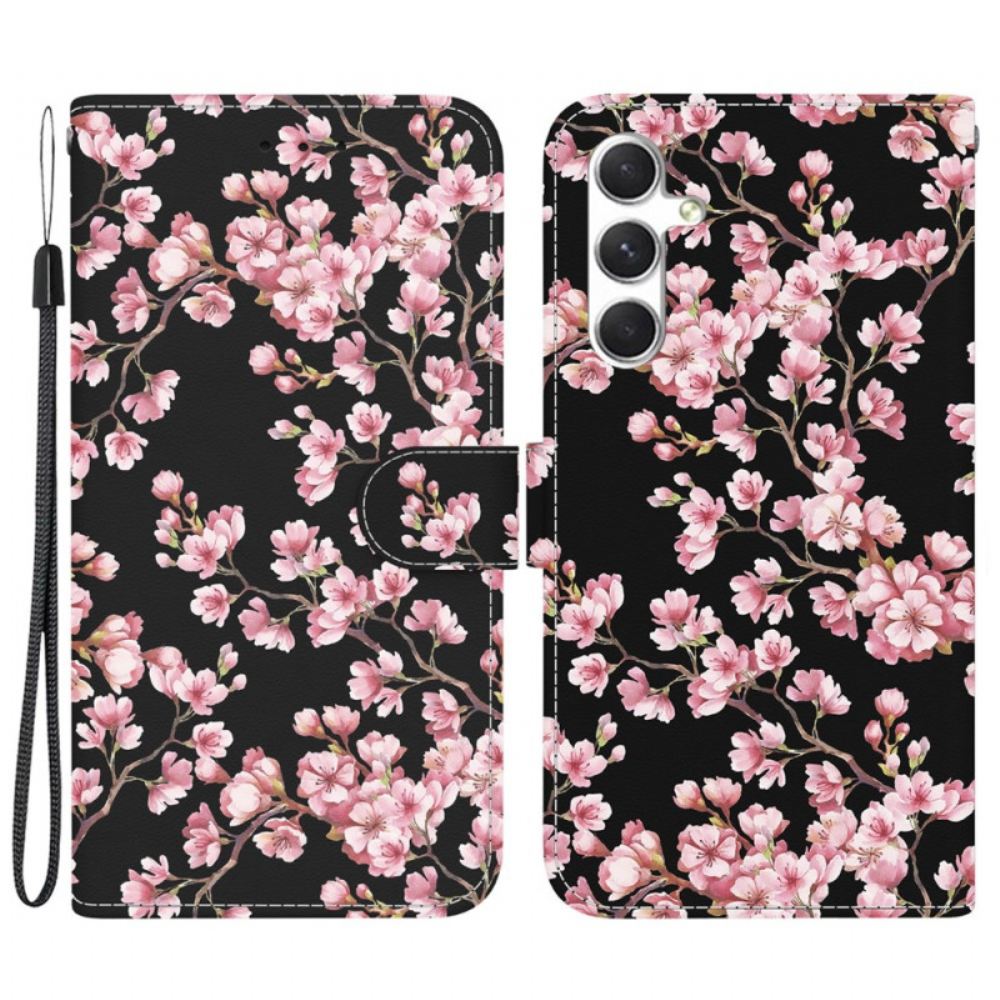Kožený Kryt Samsung Galaxy S24 5g Švestkové Květy S Řemínky