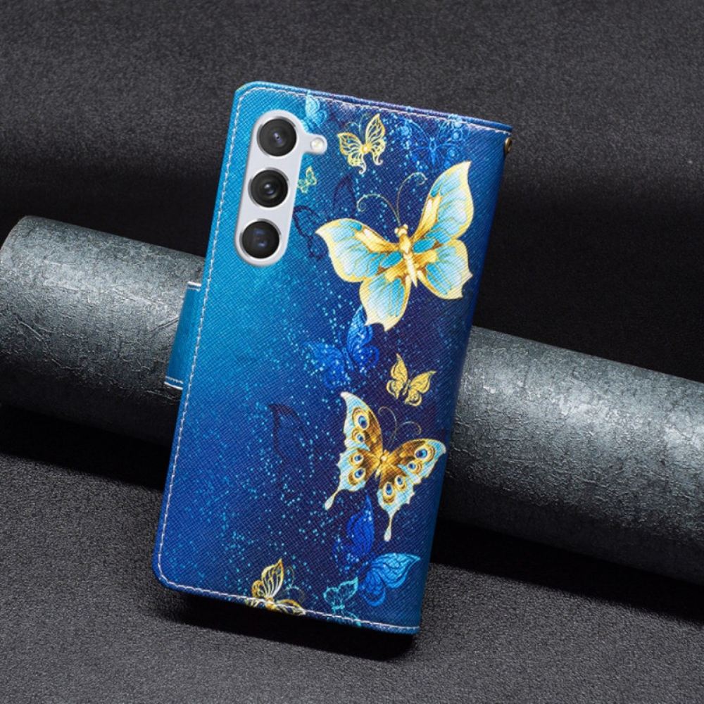 Peněženková Pouzdra Samsung Galaxy S24 5g Kryty Na Mobil Zlatá Peněženka S Motýlky S Popruhem