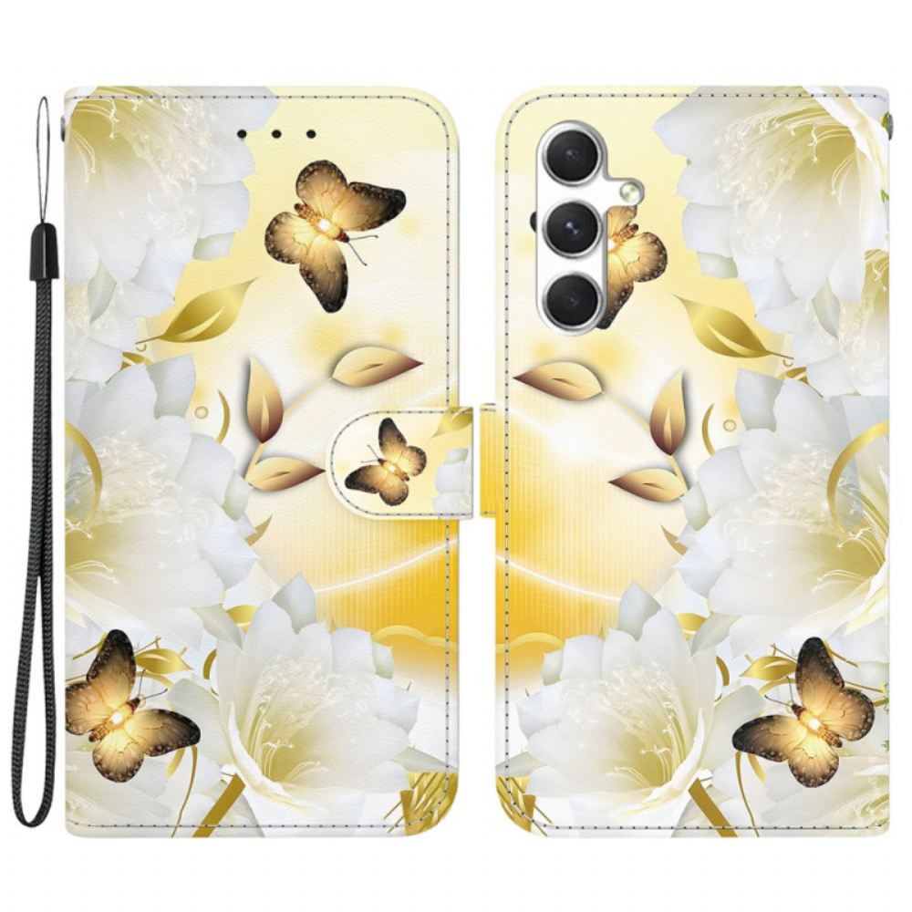 Peněženková Pouzdra Samsung Galaxy S24 5g Kryty Na Mobil Zlatý Motýl A Květiny S Popruhem