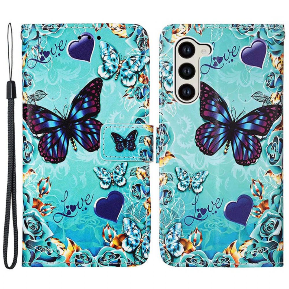 Peněženková Pouzdra Samsung Galaxy S24 5g Motýli A Srdce S Popruhem