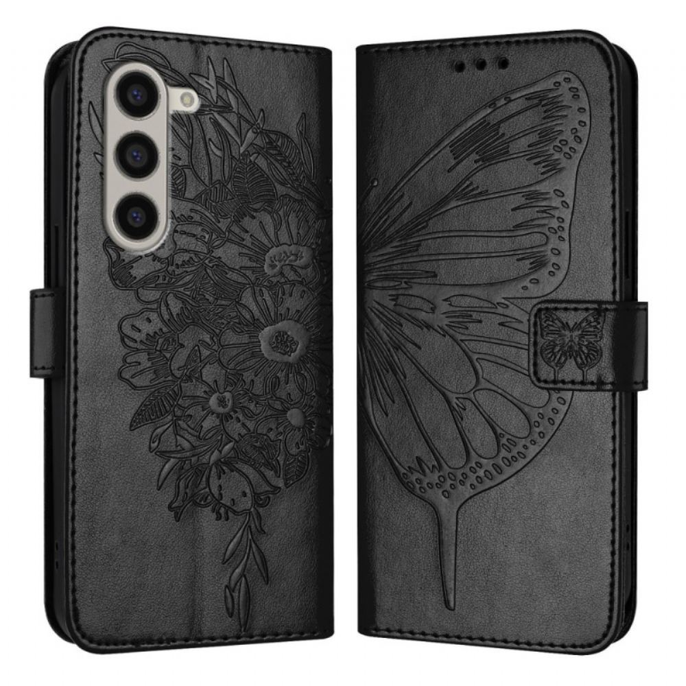 Kožený Kryt Na Samsung Galaxy Z Fold 6 Květinový Motýl S Popruhem