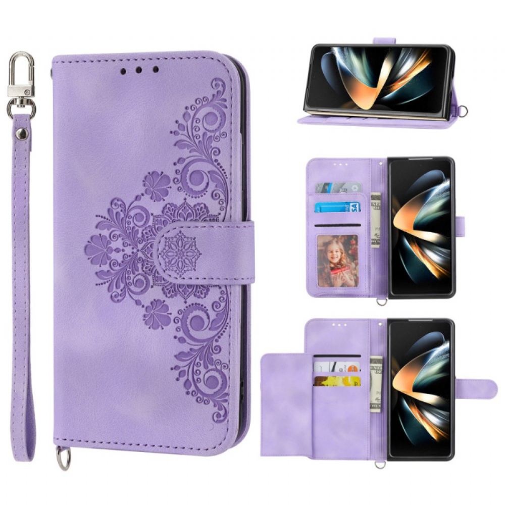 Kožený Kryt Samsung Galaxy Z Fold 6 Krajkový Vzor S Popruhem A Popruhem Přes Rameno