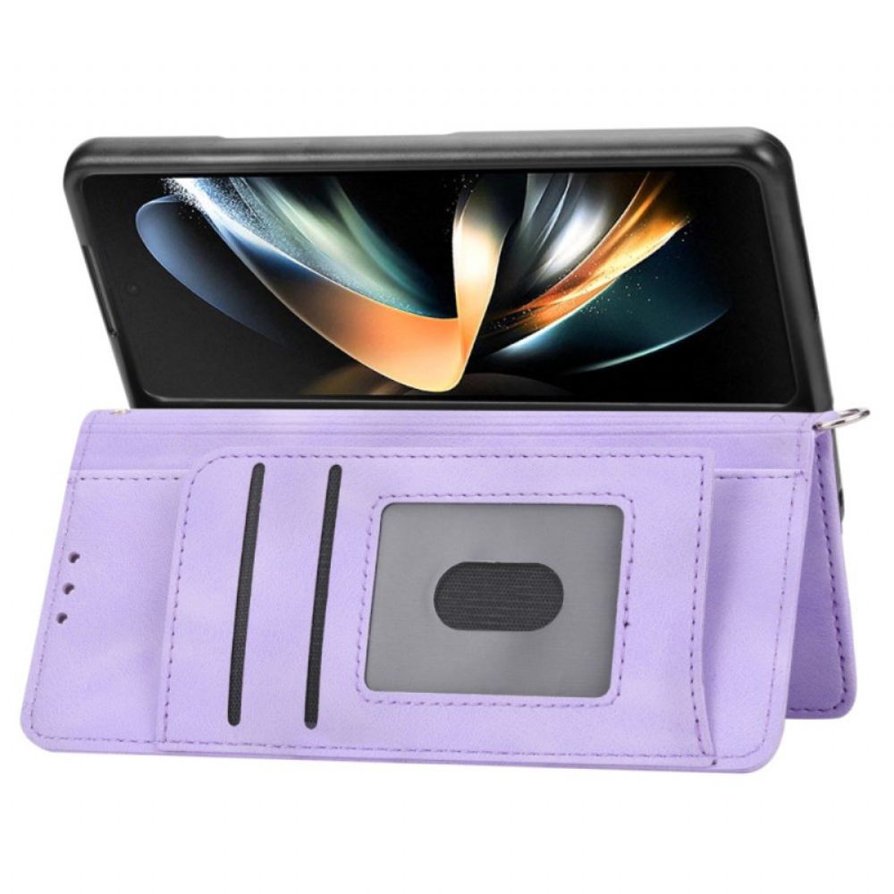 Kožený Kryt Samsung Galaxy Z Fold 6 Krajkový Vzor S Popruhem A Popruhem Přes Rameno