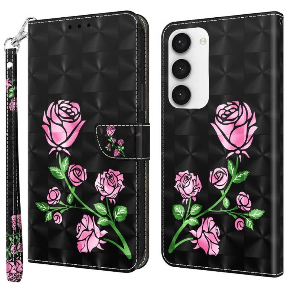 Flipové Pouzdro Na Samsung Galaxy S23 5G Na Lana Strappy Grafická Růže