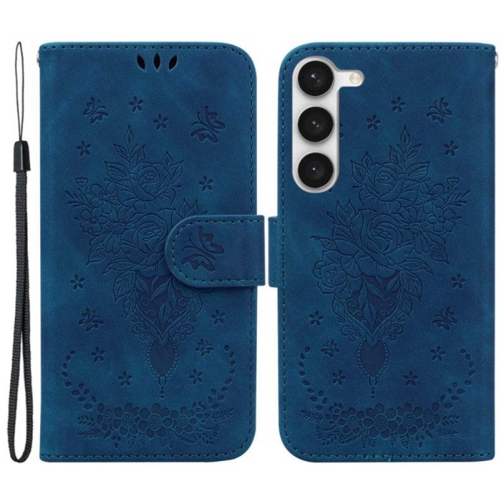 Flipové Pouzdro Na Samsung Galaxy S23 5G Na Lana Strappy Růže A Motýli