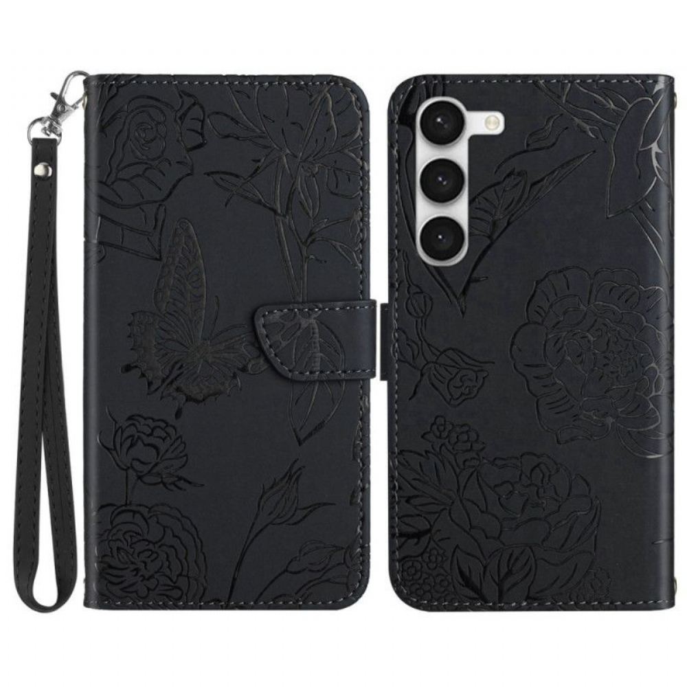 Flipové Pouzdro Na Samsung Galaxy S23 5G Motýl S Lanyardem