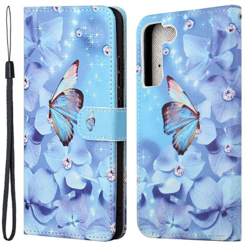 Kožené Pouzdro Na Samsung Galaxy S23 5G Na Lana Strappy Diamond Motýli