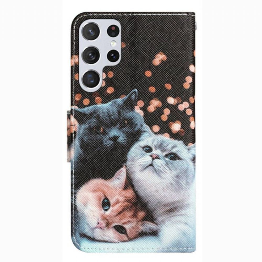 Flipové Pouzdro Na Samsung Galaxy S23 Ultra 5G Na Lana Pouze Tanga Kočky