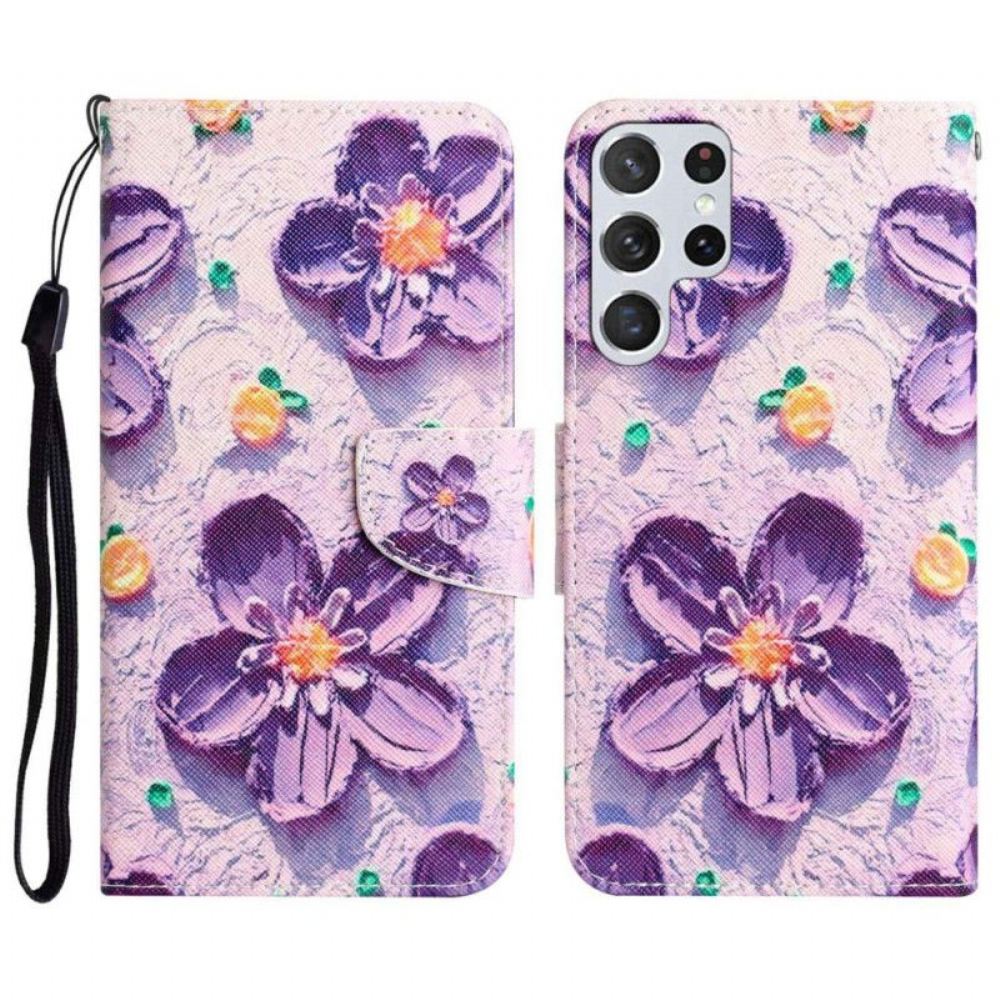 Kožené Pouzdro Na Samsung Galaxy S23 Ultra 5G Na Lana Pouze Popruhové Květiny