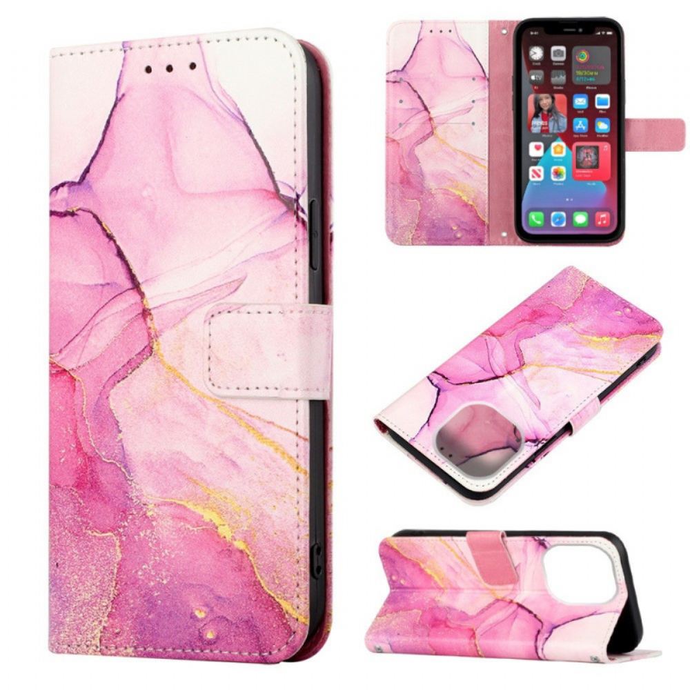 Flipové Pouzdro Na iPhone 14 Pro Max Na Lana Popruh Mramor