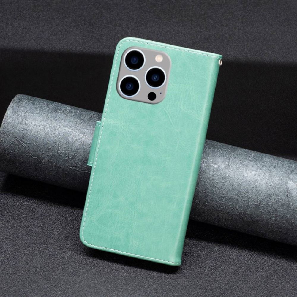 Flipové Pouzdro Na iPhone 14 Pro Max Na Lana Popruh S Potiskem Motýlů
