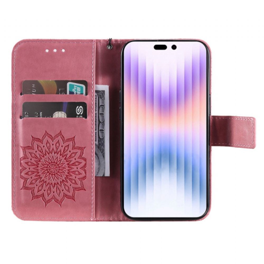 Flipové Pouzdro Na iPhone 14 Pro Max Sluneční Mandala Se Šňůrkou