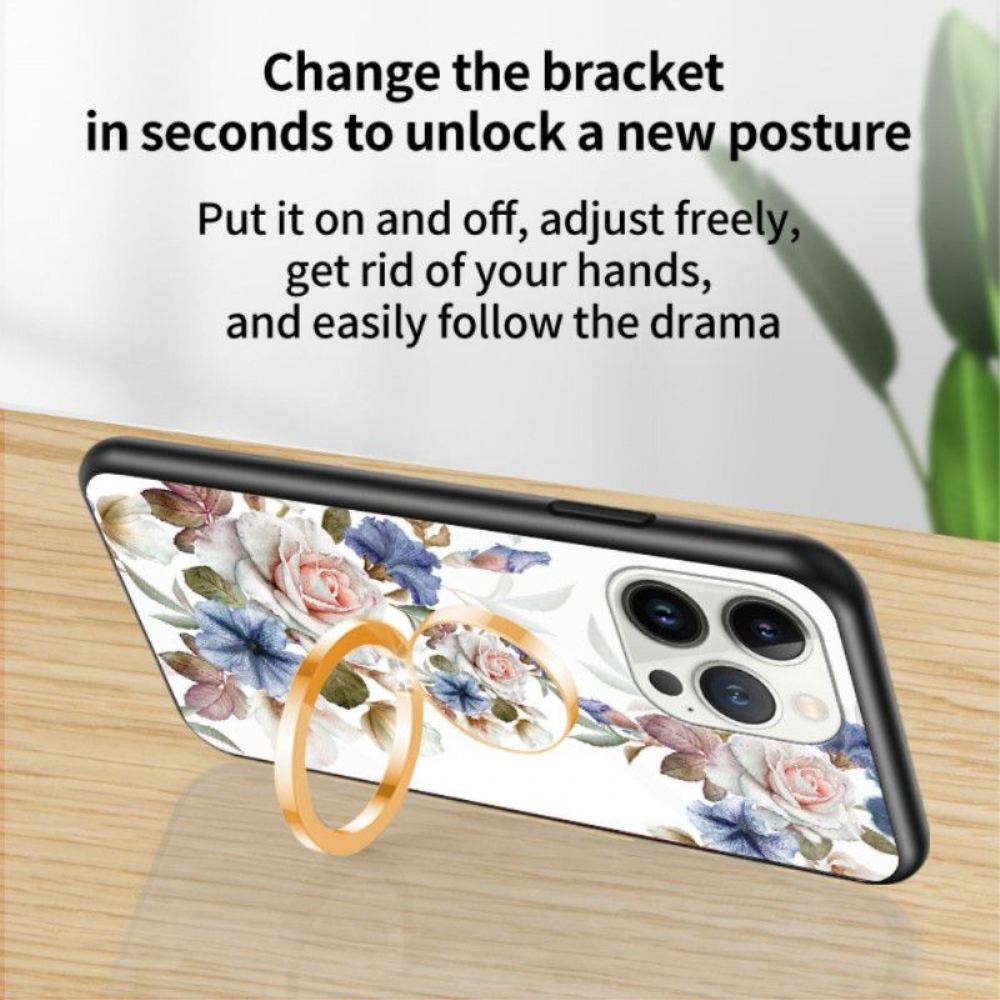 Kryt Na iPhone 15 Pro Květinové Tvrzené Sklo S Opěrným Kroužkem