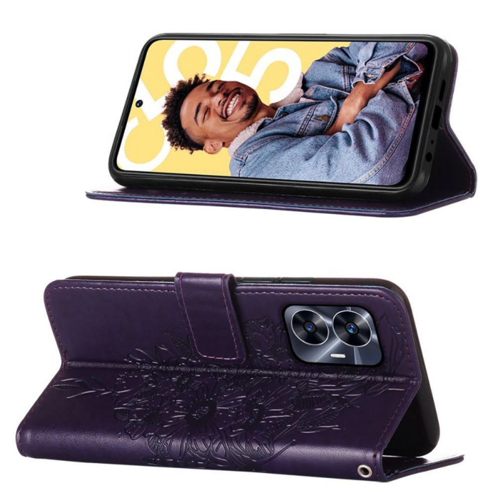 Kožený Kryt Na Realme C55 Peněženka S Květinovým Vzorem A Motýlím Vzorem