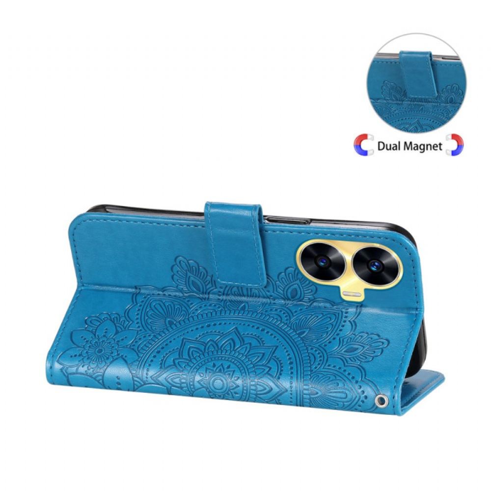 Kožený Kryt Realme C55 Řemínek S Květinovým Vzorem