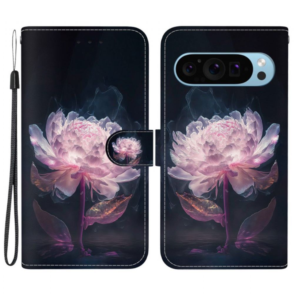 Kožený Kryt Google Pixel 9 Pro Fialová Pivoňka S Řemínkem