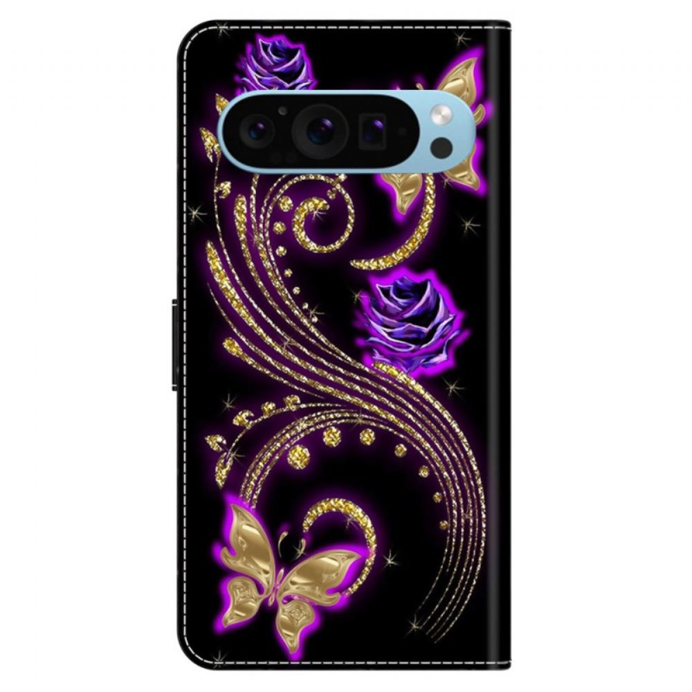 Kožený Kryt Google Pixel 9 Pro Fialové Květiny A Motýli
