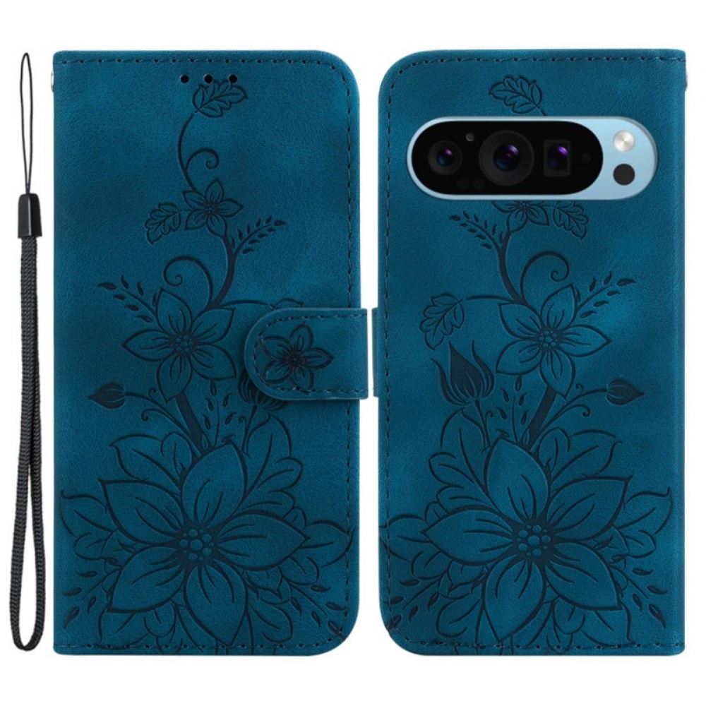 Kožený Kryt Google Pixel 9 Pro Květy Lilie S Popruhem