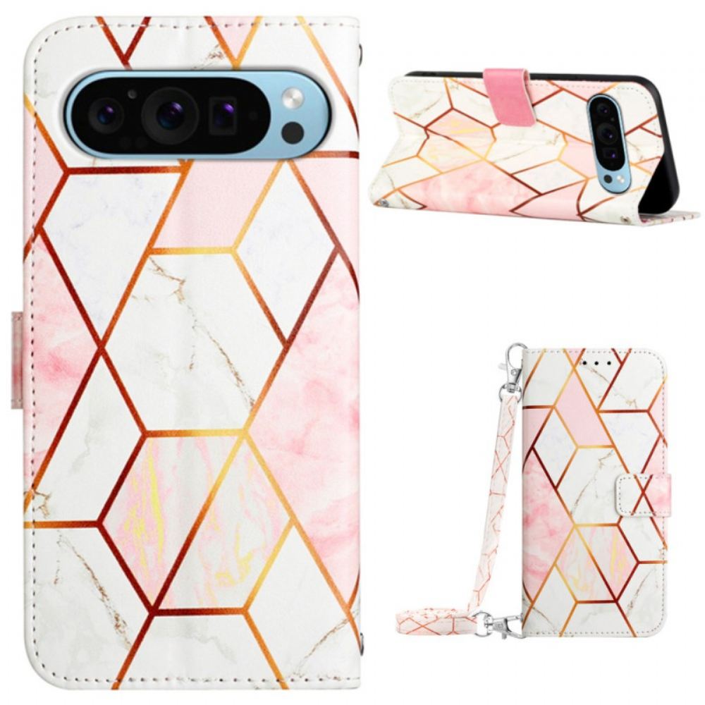 Kožený Kryt Google Pixel 9 Pro Mramorový Ramenní Popruh
