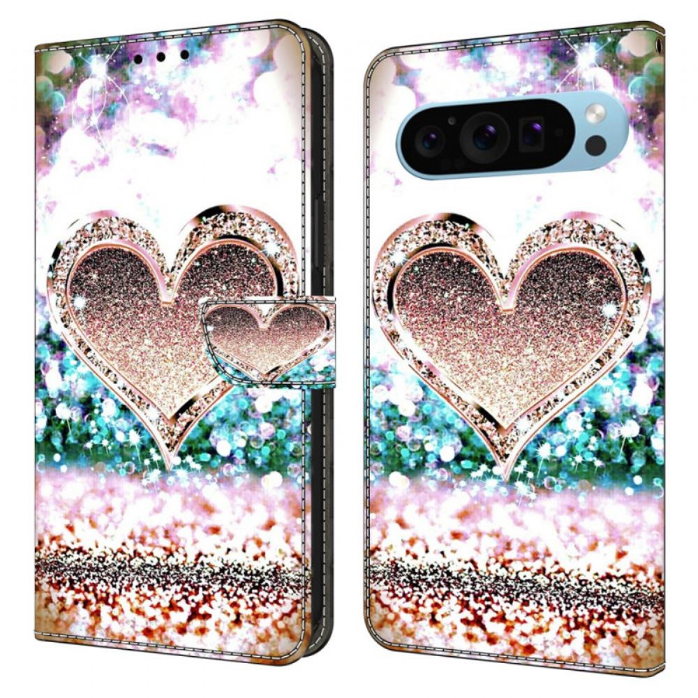 Kožený Kryt Google Pixel 9 Pro Růžové Diamantové Srdce