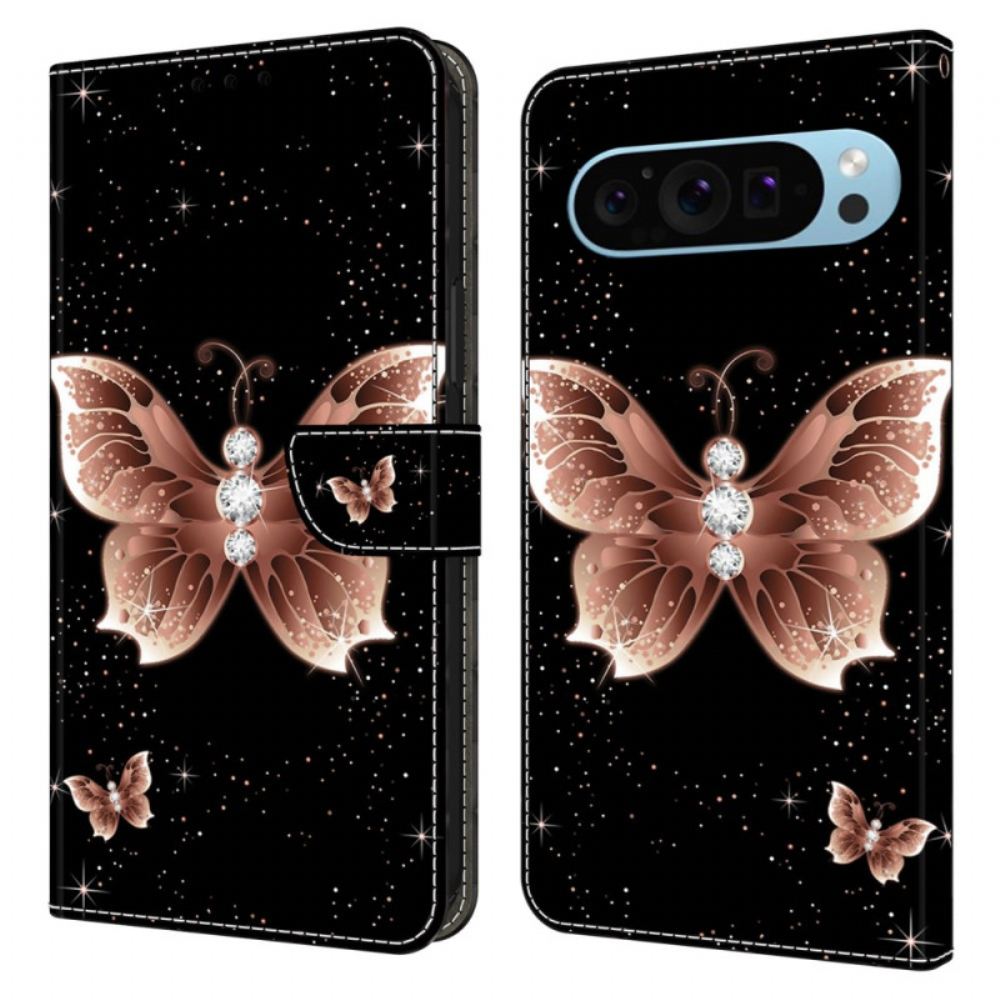 Kožený Kryt Google Pixel 9 Pro Růžový Diamantový Motýl