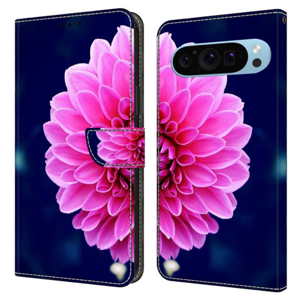 Kožený Kryt Google Pixel 9 Pro Růžový Květ Na Modrém Pozadí