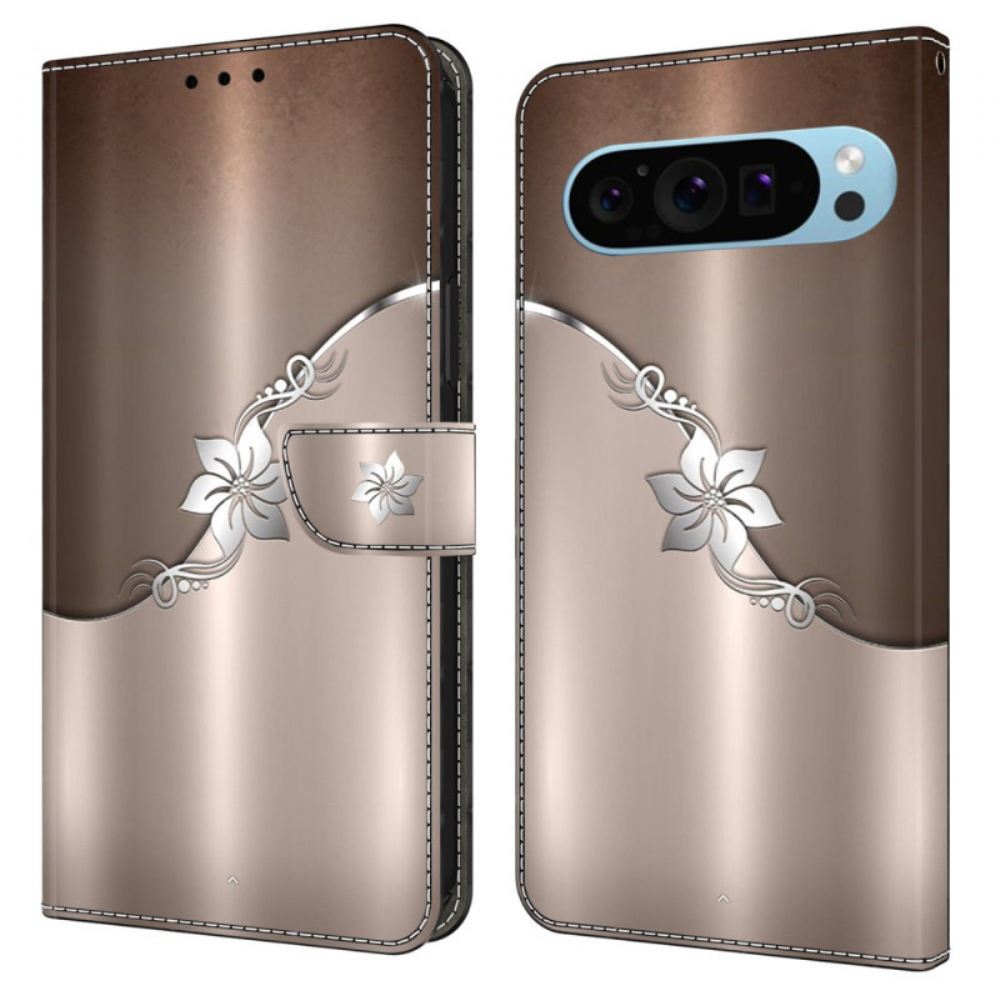 Kožený Kryt Google Pixel 9 Pro Stříbrný Květ