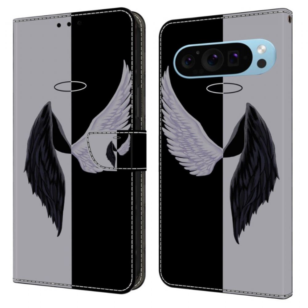 Kožený Kryt Google Pixel 9 Pro Černá A Bílá Křídla
