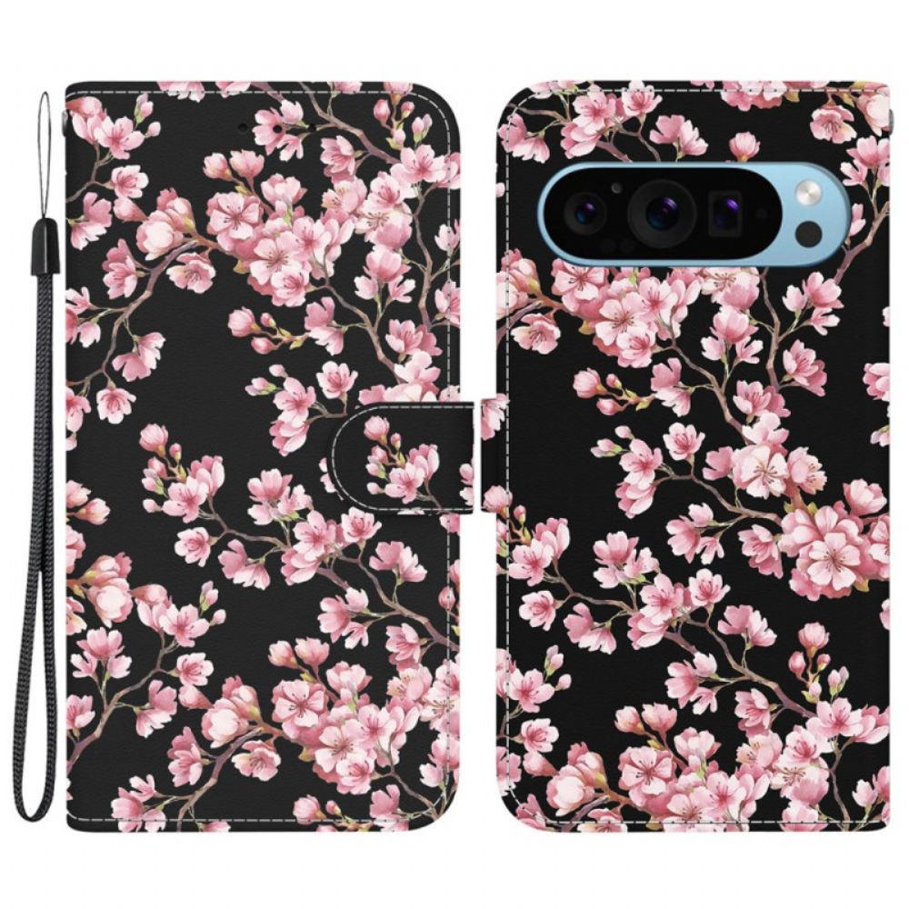 Kožený Kryt Google Pixel 9 Pro Švestkové Květy S Popruhem