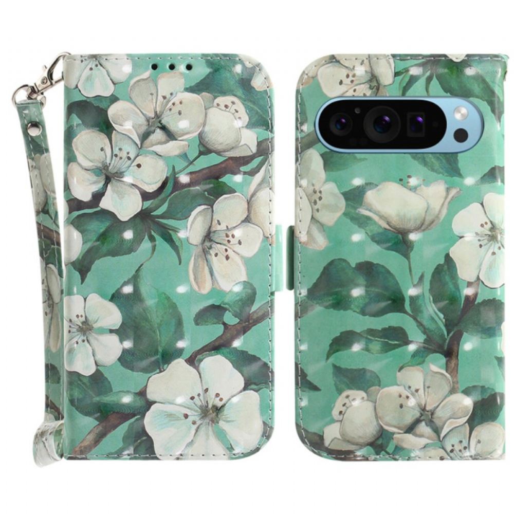 Kožený Kryt Na Google Pixel 9 Pro Akvarelové Květiny S Popruhem