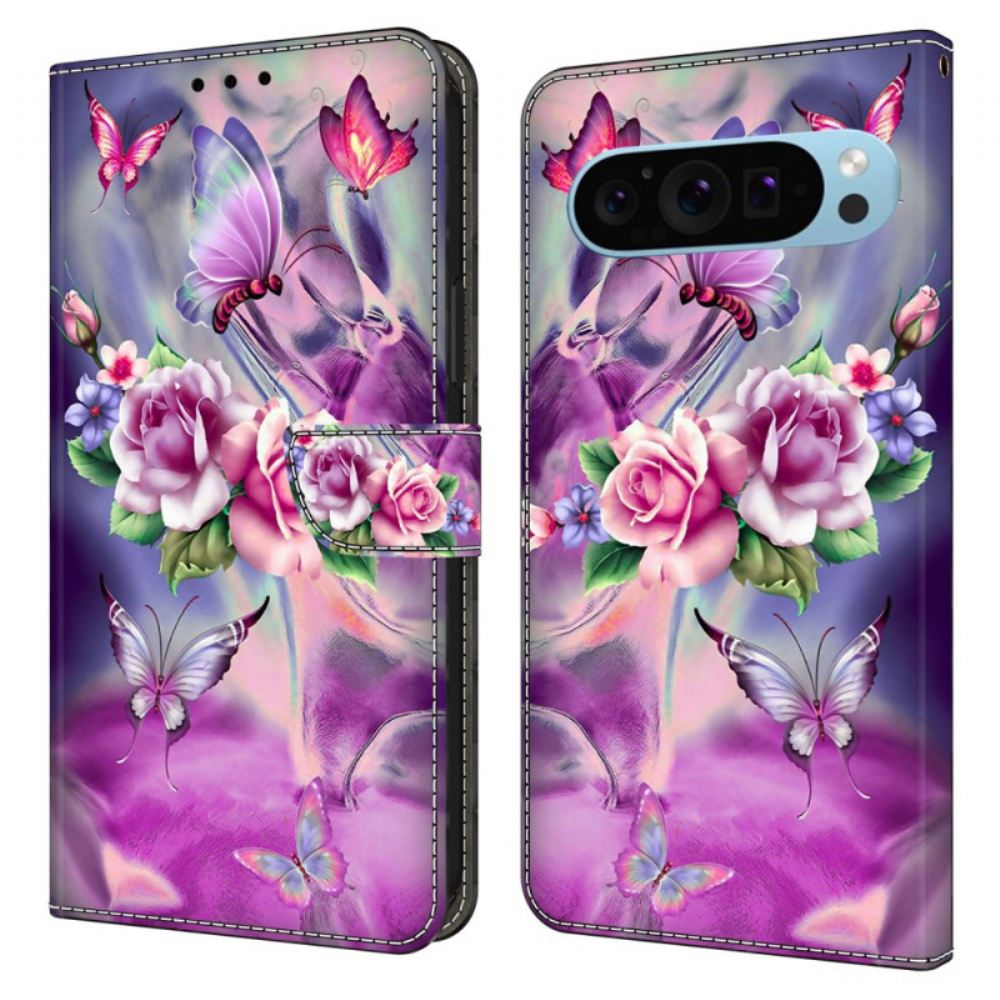 Kožený Kryt Na Google Pixel 9 Pro Motýli A Květiny Fialové