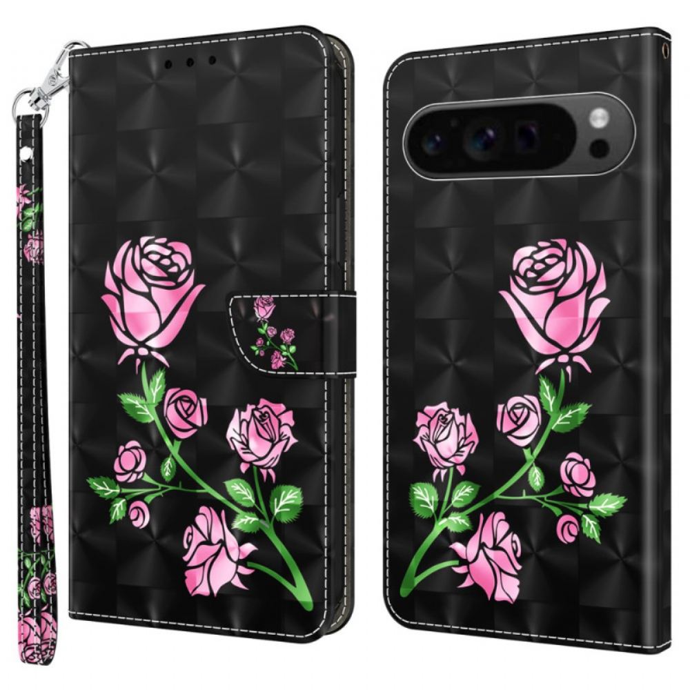 Kožený Kryt Na Google Pixel 9 Pro Popruh S Květinovým Potiskem