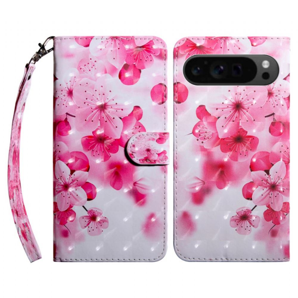 Kožený Kryt Na Google Pixel 9 Pro Červené Květy S Popruhem
